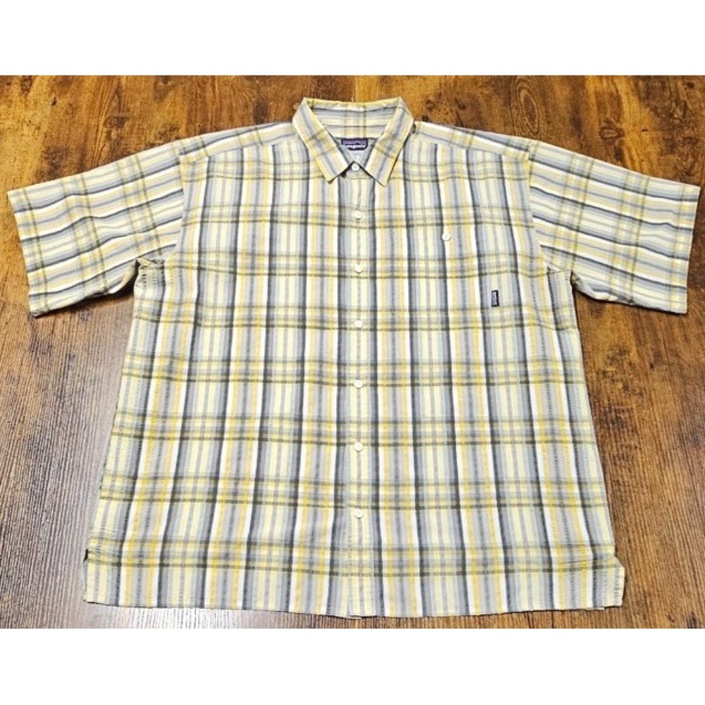 Patagonia Puckerware Mens Shirt Yellow Plaid Large Texture